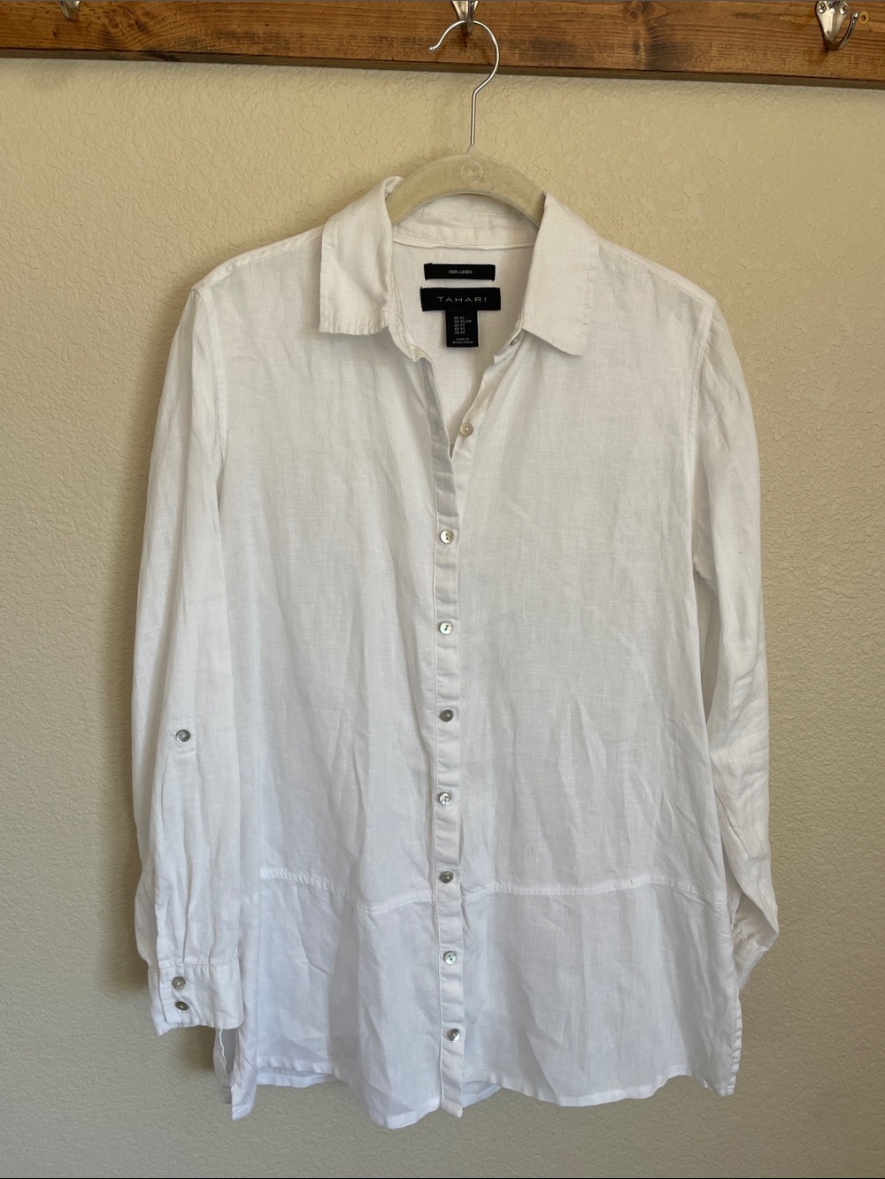 Tahari 100% Linen White Button-Down Tunic Top XS Lagenlook Minimalist Natural